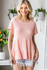 Thumbnail for Waffle-Knit Buttoned Ruffle Hem Top - MiaMore | Luxary Classic Charm