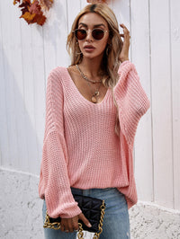 Thumbnail for Rib-Knit Drop Shoulder V-Neck Pullover Sweater