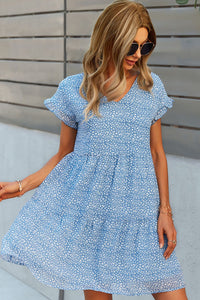 Thumbnail for Printed V-Neck Short Sleeve Tiered Dress