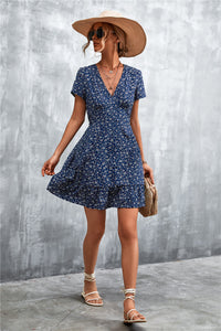 Thumbnail for Ditsy Floral V-Neck Short Sleeve Dress