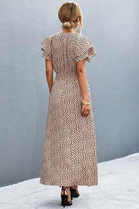 Thumbnail for Printed Tie-Neck Flutter Sleeve Split Dress