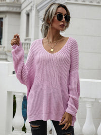 Thumbnail for Rib-Knit Drop Shoulder V-Neck Pullover Sweater