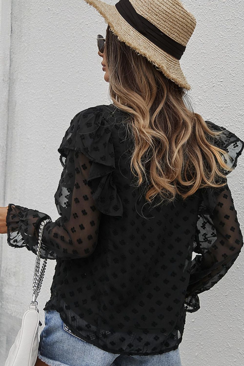 Swiss Dot Ruffle Shoulder Long Sleeve Blouse - MiaMore | Luxary Classic Charm