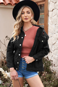 Thumbnail for Distressed Button-Up Denim Jacket with Pockets