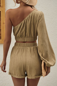 Thumbnail for One-Shoulder Balloon Sleeve Crop Top and Shorts Set