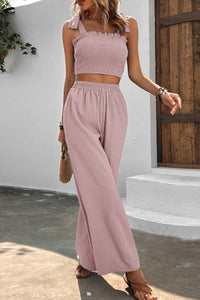 Thumbnail for Tie Shoulder Smocked Crop Top and Wide Leg Pants Set