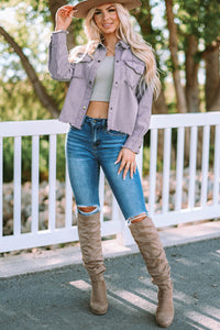 Thumbnail for Frayed Trim Snap Down Denim Jacket
