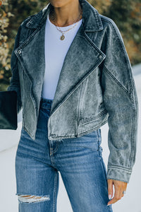 Thumbnail for Acid Wash Lapel Collar Cropped Denim Jacket