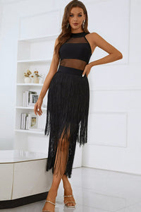 Thumbnail for Spliced Mesh Fringe Hem Sleeveless Dress - MiaMore | Luxary Classic Charm