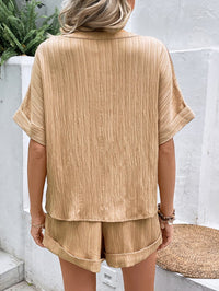 Thumbnail for Textured Notched Neck Top and Shorts Set