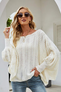 Thumbnail for Openwork Boat Neck Dolman Sleeve Sweater