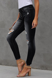 Thumbnail for Button Fly Hem Detail Ankle-Length Skinny Jeans