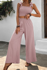 Thumbnail for Tie Shoulder Smocked Crop Top and Wide Leg Pants Set