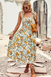 Thumbnail for Printed Smocked Tie Shoulder Dress