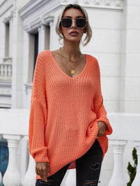 Thumbnail for Rib-Knit Drop Shoulder V-Neck Pullover Sweater
