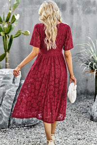 Thumbnail for V-Neck Puff Sleeve Lace Midi Dress