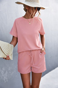 Thumbnail for Raglan Sleeve Ruffle Hem Top and Shorts Set with Pockets