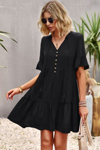 Thumbnail for Tie Neck Buttoned Flounce Sleeve Dress