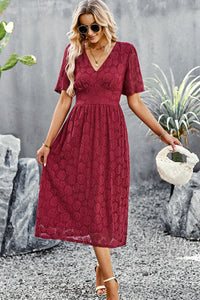 Thumbnail for V-Neck Puff Sleeve Lace Midi Dress