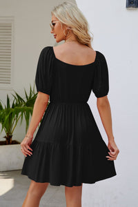 Thumbnail for Ruched Square Neck Puff Sleeve Mini Dress