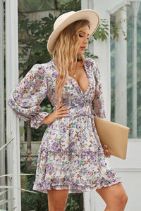 Thumbnail for Floral Frill Trim Plunge Flounce Sleeve Dress