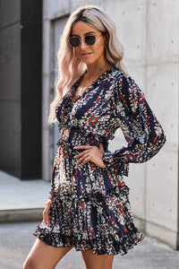 Thumbnail for Floral Frill Trim Plunge Flounce Sleeve Dress