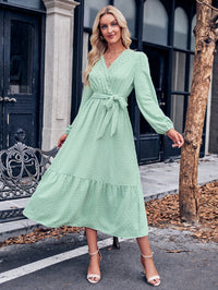 Thumbnail for Swiss Dot Belted Surplice Puff Sleeve Midi Dress