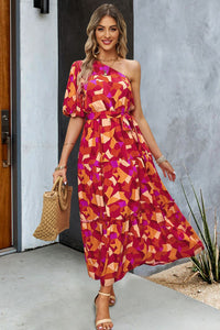 Thumbnail for Printed One-Shoulder Tie Belt Maxi Dress