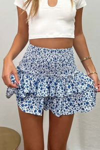 Thumbnail for Printed Frill Trim Smocked Mini Skirt