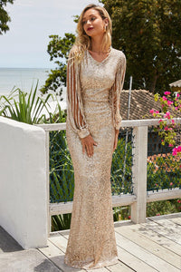 Thumbnail for Sequin Fringe Sleeve Maxi Dress