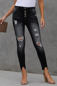 Thumbnail for Button Fly Hem Detail Ankle-Length Skinny Jeans