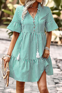 Thumbnail for Striped Tie Neck Flare Sleeve Dress