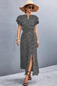 Thumbnail for Printed Tie-Neck Flutter Sleeve Split Dress