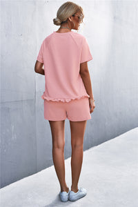 Thumbnail for Raglan Sleeve Ruffle Hem Top and Shorts Set with Pockets