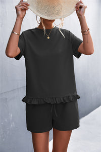 Thumbnail for Raglan Sleeve Ruffle Hem Top and Shorts Set with Pockets