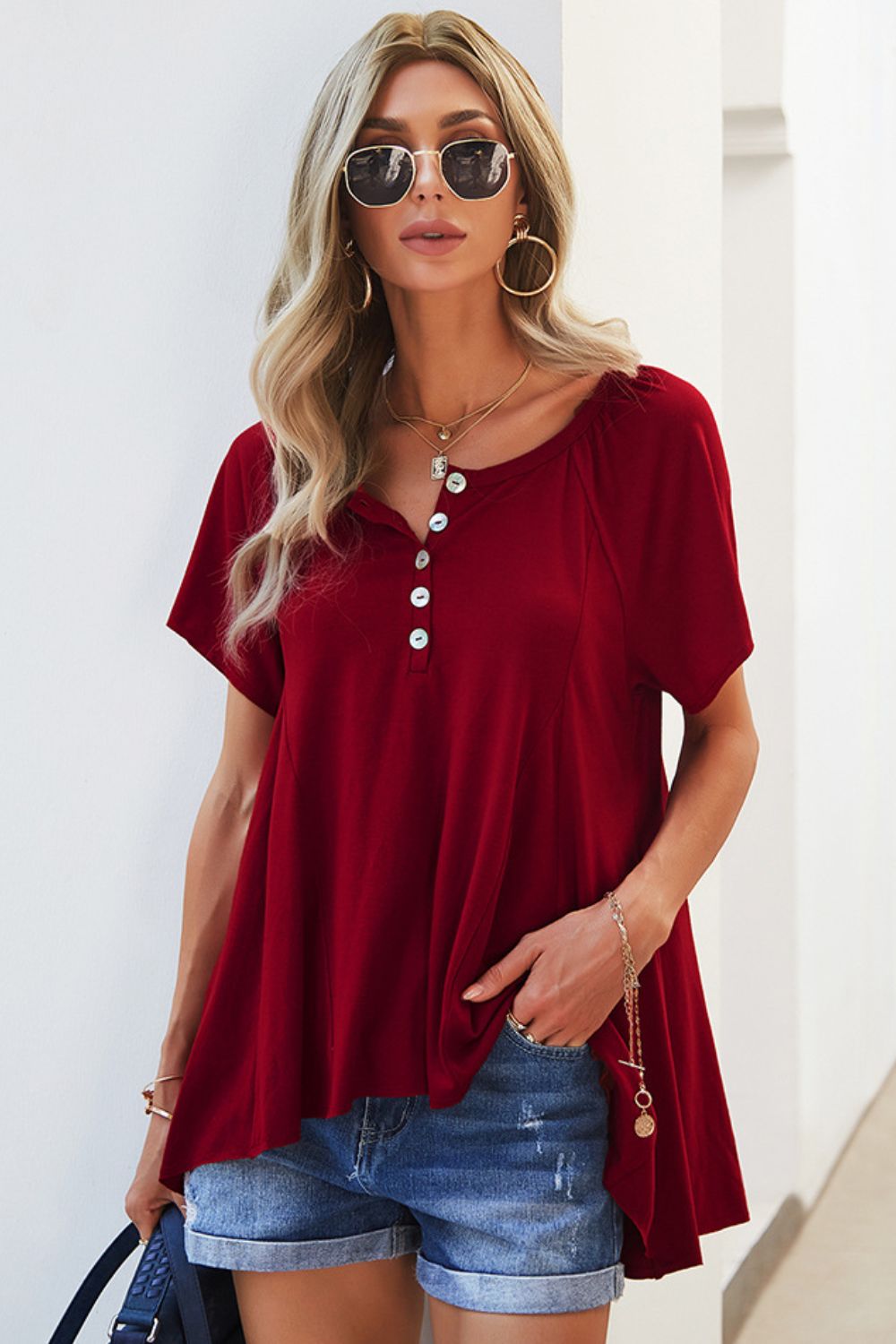Quarter-Button Round Neck Puff Sleeve Top - MiaMore | Luxary Classic Charm