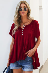 Thumbnail for Quarter-Button Round Neck Puff Sleeve Top - MiaMore | Luxary Classic Charm