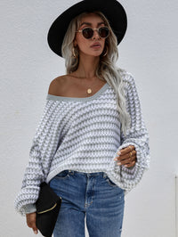 Thumbnail for Striped Drop Shoulder V-Neck Pullover Sweater