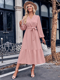 Thumbnail for Swiss Dot Belted Surplice Puff Sleeve Midi Dress
