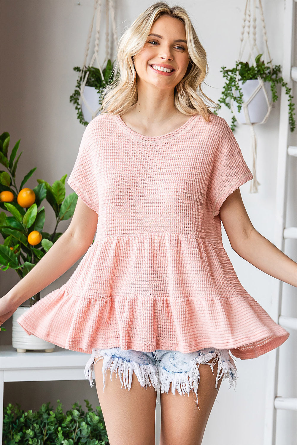 Waffle-Knit Buttoned Ruffle Hem Top - MiaMore | Luxary Classic Charm