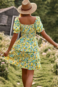 Thumbnail for Smocked Sweetheart Neck Flounce Sleeve Mini Dress