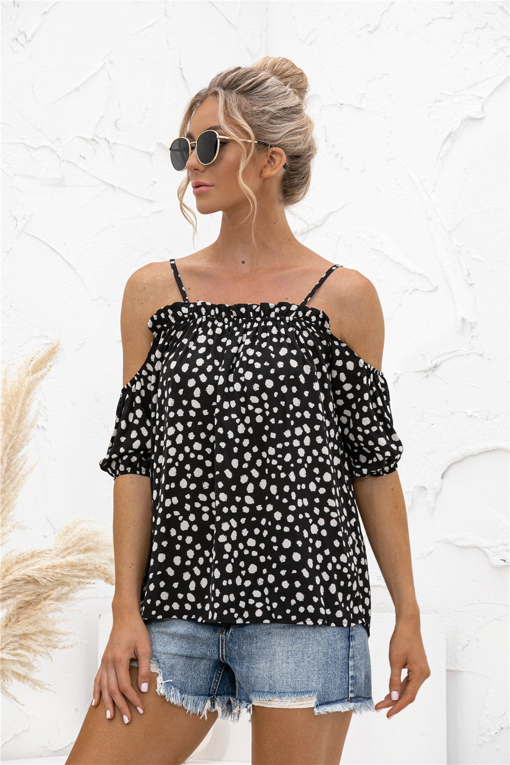 Printed Cold-Shoulder Frill Trim Blouse - MiaMore | Luxary Classic Charm