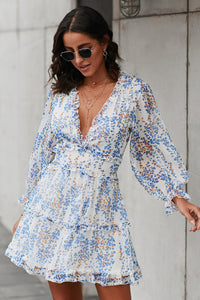 Thumbnail for Floral Frill Trim Plunge Flounce Sleeve Dress