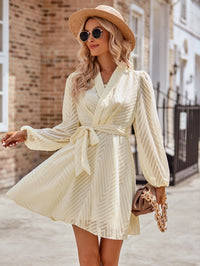 Thumbnail for Belted Surplice Neck Long Sleeve Mini Dress