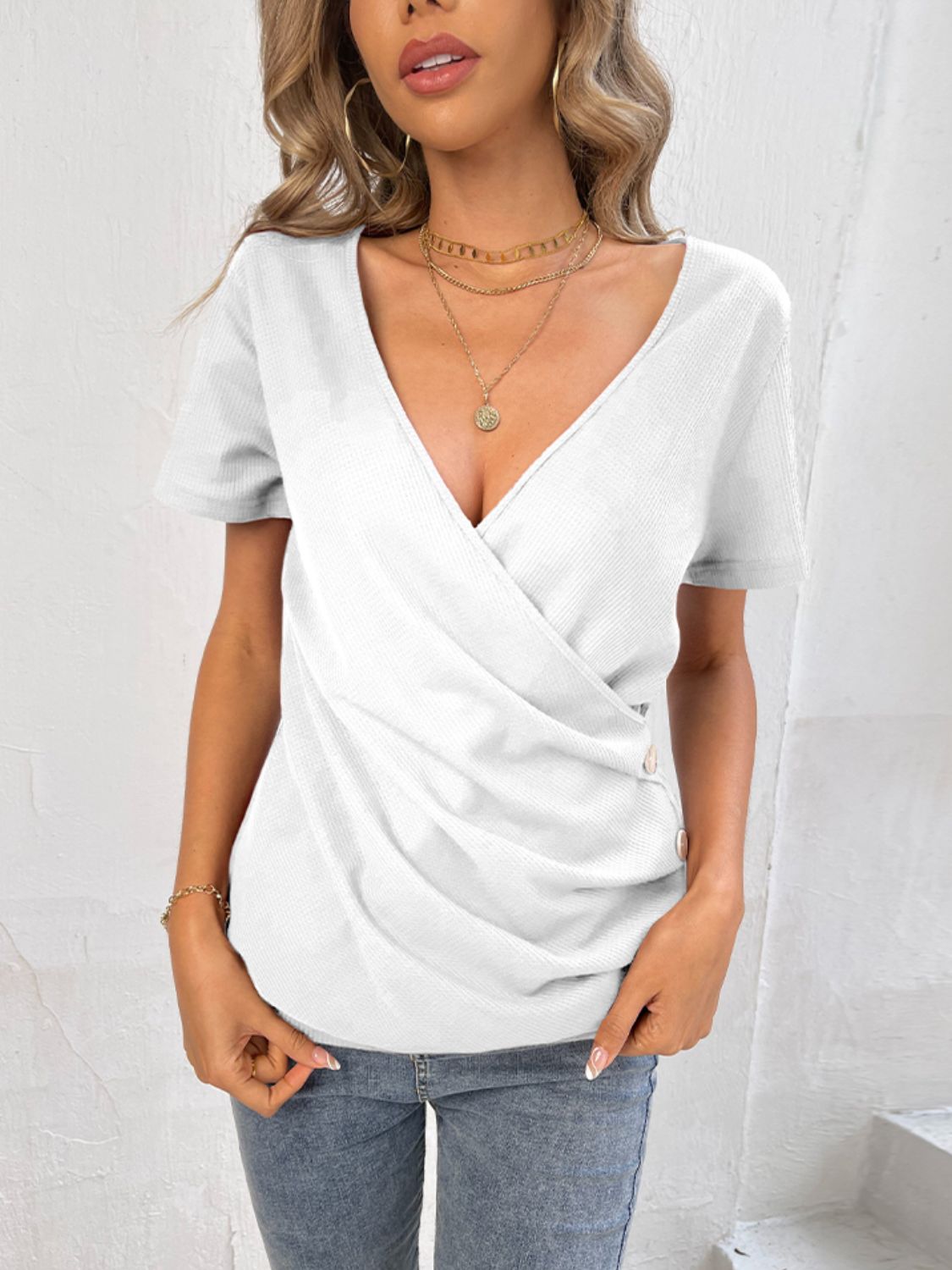 Button Detail Surplice Short Sleeve Tee - MiaMoré