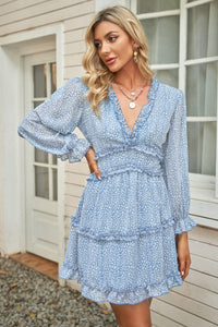 Thumbnail for Floral Frill Trim Plunge Flounce Sleeve Dress