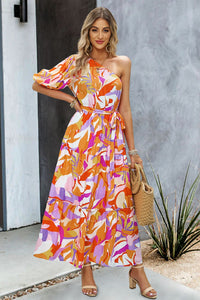 Thumbnail for Printed One-Shoulder Tie Belt Maxi Dress
