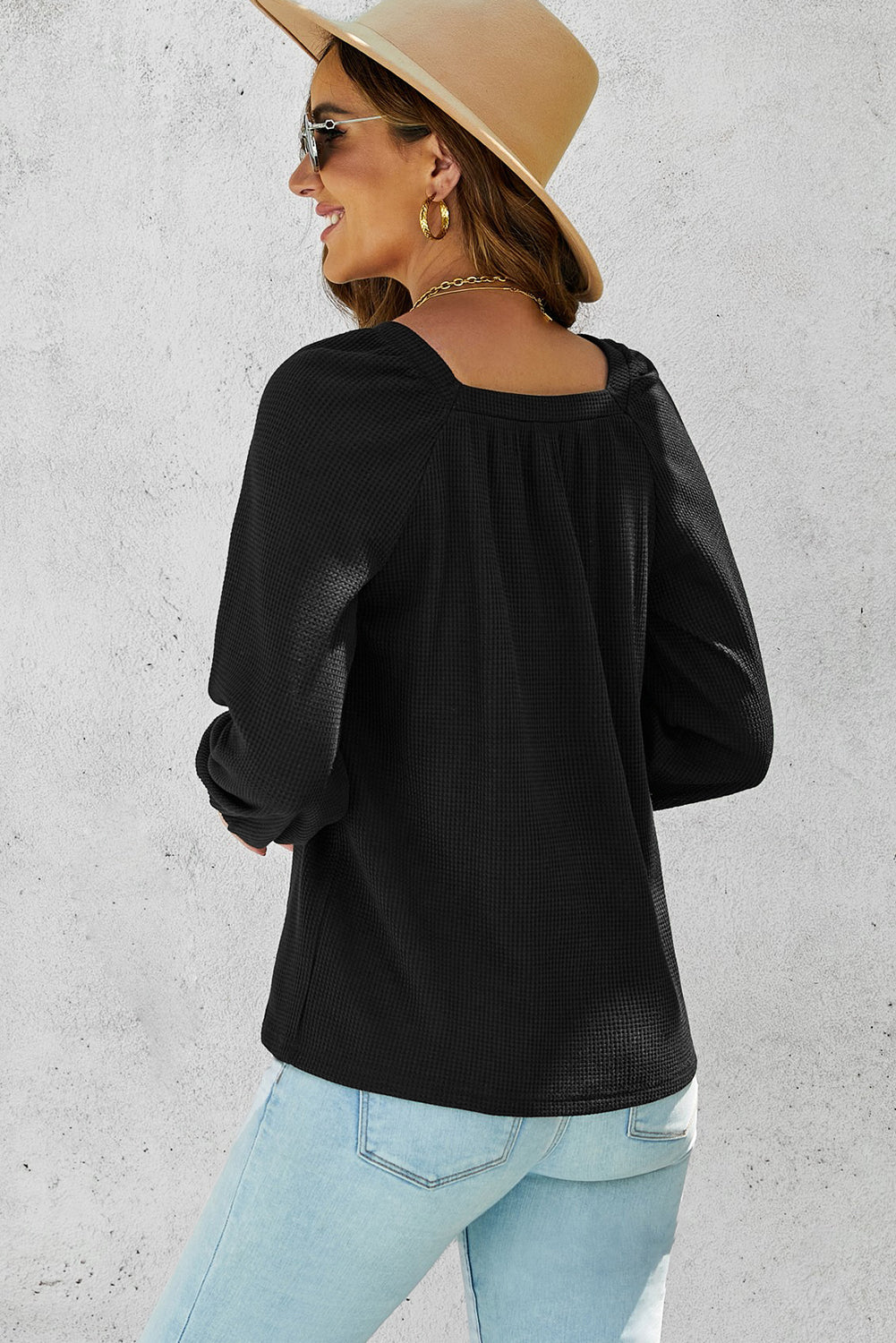 Waffle-Knit Long Raglan Sleeve Top - MiaMore | Luxary Classic Charm