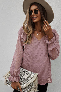 Thumbnail for Swiss Dot Ruffle Shoulder Long Sleeve Blouse - MiaMore | Luxary Classic Charm