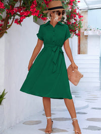 Thumbnail for Cuffed Short Sleeve Belted Shirt Dress
